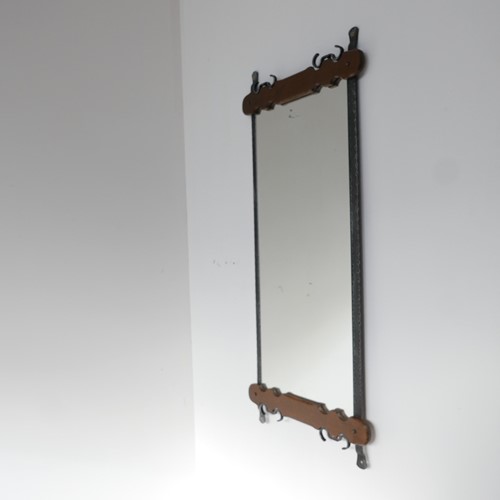 Brutalist Mid-Century Belgium Iron and Wood Mirror