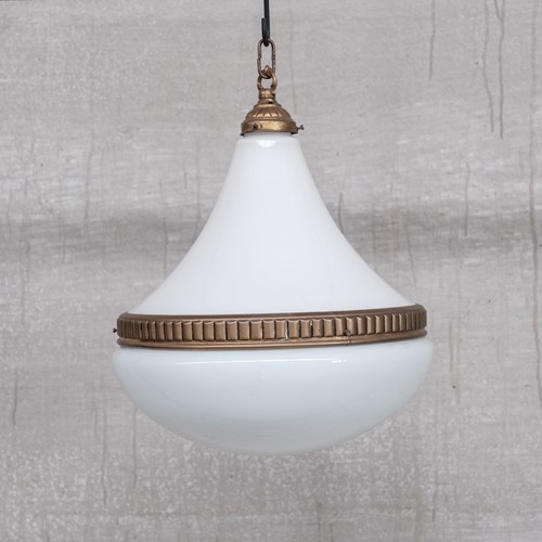 Large Mid-Century Opaline and Brass Pendant Light
