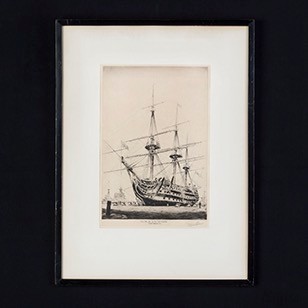 Framed Dry Point Etching of the HMS Victory.