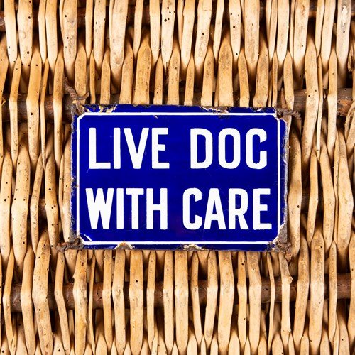 'Live Dog With Care' Wicker Transport Basket W. Enamel Plaque