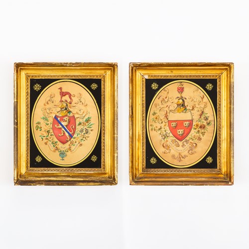 Pair Of Armorial Achievements With Verre Églomisé Mounts, In Gilded Frames