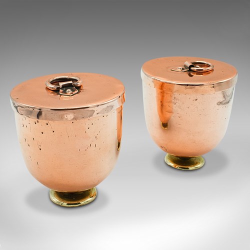 Pair Of Antique Ice Cream Moulds, English Copper Lidded Pots, Harrods, Victorian