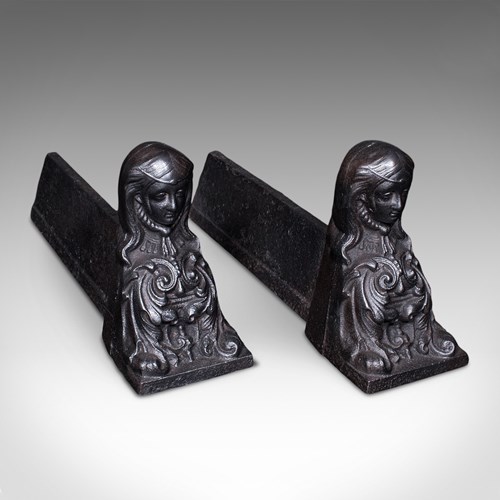 Pair Of Antique Figural Fireplace Chenets, French, Great Exhibition, Victorian