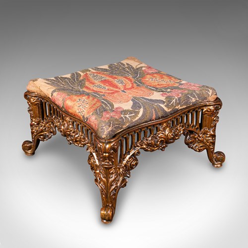 Antique Embroidered Footstool, English, Gilt Brass, Fireside, Stool, Victorian