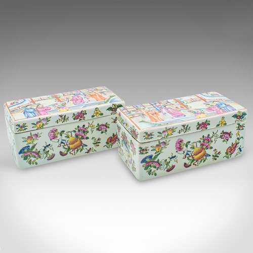 Pair Of Antique Decorative Boxes, Chinese, Ceramic, Lidded Dish, Victorian, 1900