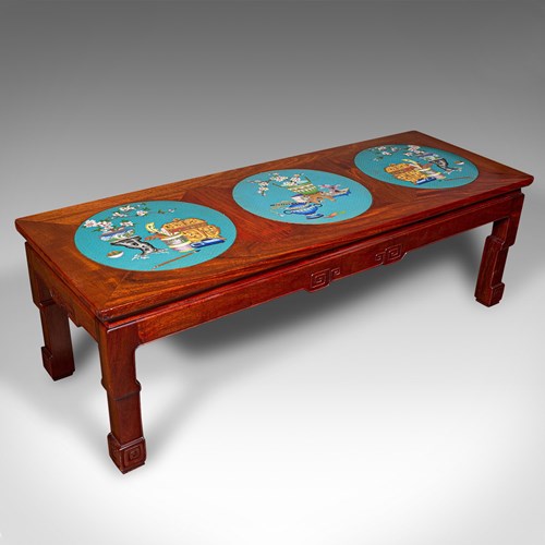 Vintage Decorative Coffee Table, Chinese, Teak, Cloisonne, Living Room, Art Deco
