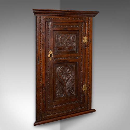 Small Antique Corner Cabinet, English Oak, Wall Cupboard, William And Mary, 1690