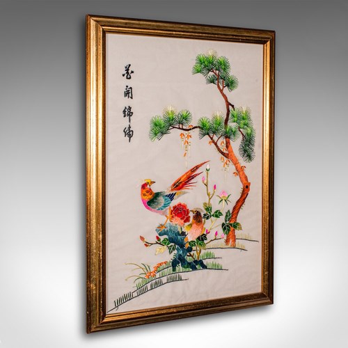 Vintage Embroidered Bird Panel, Korean, Silk Cotton, Embroidery, Art Deco, 1930