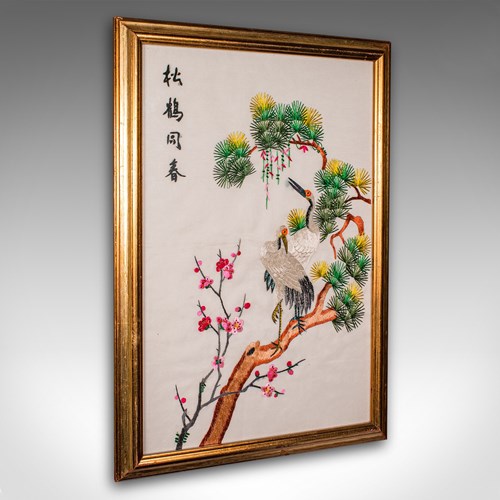 Vintage Embroidered Crane Panel, Korean, Silk Cotton, Embroidery, Art Deco, 1930