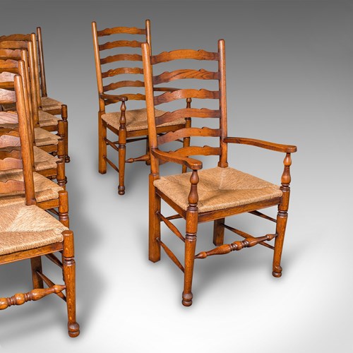 Set Of 8 Vintage Dining Chairs, English, Oak, Rush Seat, Georgian Revival, Suite