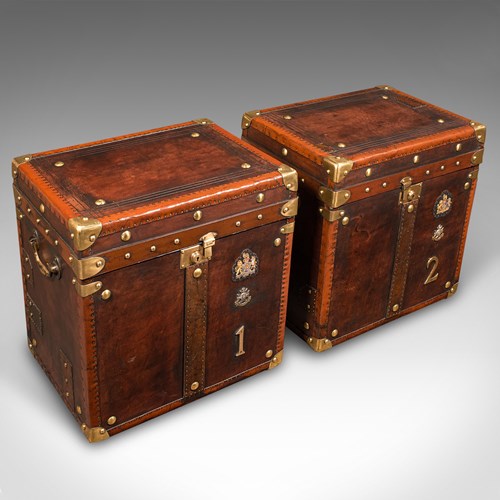 Pair Of Vintage Officer's Campaign Trunks, English, Leather, Cases, Nightstand