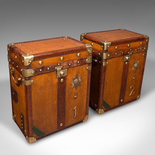 Vintage Pair Of Campaign Luggage Chests, English, Leather, Bedside, Nightstand