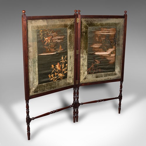 Antique Bi-Fold Decorative Screen, English, Walnut, Silk, Divider, Victorian