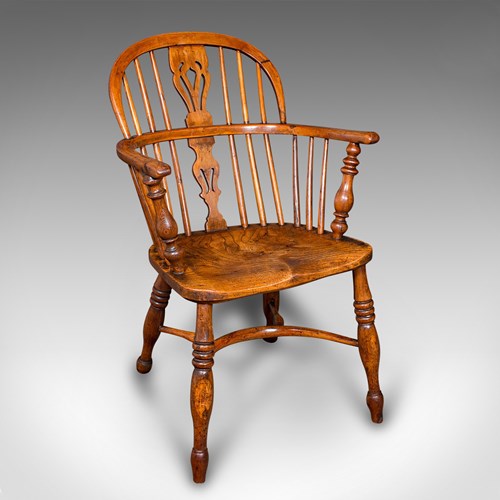 Antique Low Back Windsor Chair, English, Elm, Yew, Elbow, Armchair, Victorian