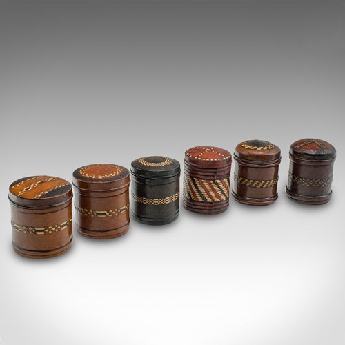 Set Of 6 Small Antique Storage Tins, English, Leather, Cigarette Pot, Circa 1920