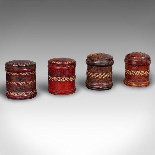 Set Of 4 Antique Storage Tins, English, Morocco Leather, Cigarette Pot, C.1920