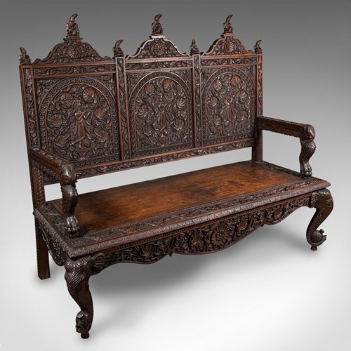 Large Antique Veranda Bench, Ceylon, Teak, 3 Seat, Ornate Seat, Victorian, 1880