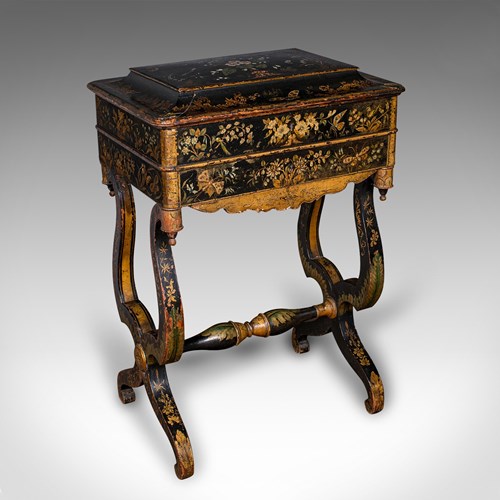 Antique Sewing Table, English, Lacquered, Handpainted, Japanned, Victorian, 1880