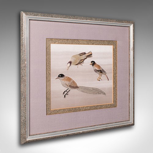Vintage Bird Wall Panel, Japanese, Silk Cotton, Embroidery, Art Deco, Circa 1930