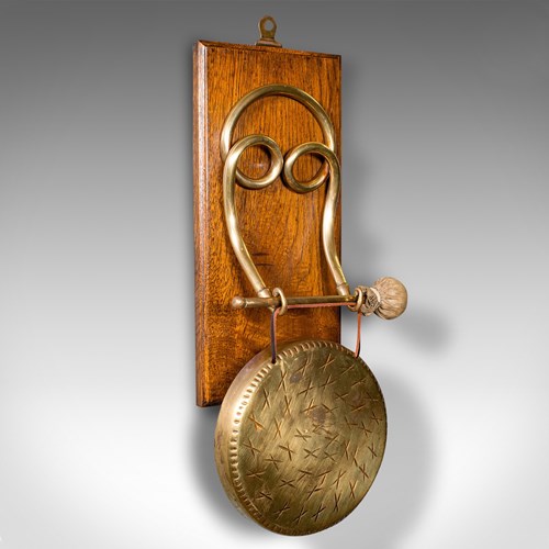 Antique Mounted Gong, English, Oak, Brass, Dinner Chime, Edwardian, Circa 1910