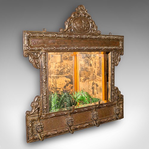 Antique Hallway Valet Mirror, Dutch, Brass, Reception, Wall, Edwardian, C.1910