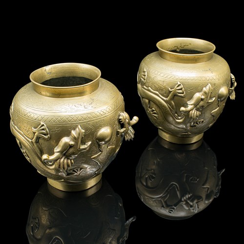 Pair Of Antique Flower Urns, Chinese, Bronze, Decorative Posy Vase, Victorian