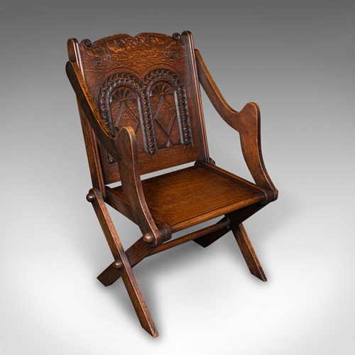 Antique Glastonbury Chair, Welsh Oak, Gothic Revival Elbow Seat, Victorian, 1880