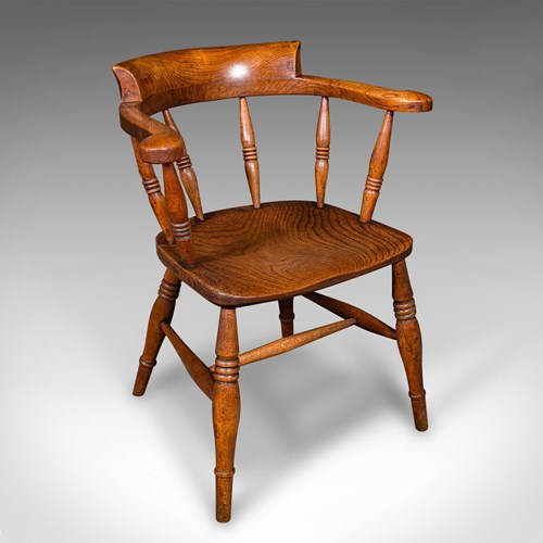 Antique Captain's Desk Chair, English, Elm, Smoker's Bow, Elbow Seat, Victorian