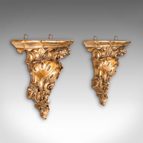 Pair Of Vintage Rococo Revival Ornament Brackets, French, Giltwood, Candle Stand