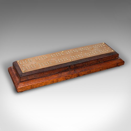 Antique Cribbage Board, English, Oak, Brass, Card Game Scoreboard, Circa 1920