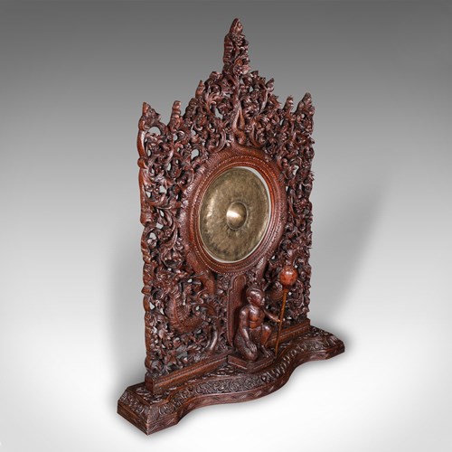 Ornate Antique Temple Gong, Burmese, Carved, Mounted Chime, Victorian, C.1900