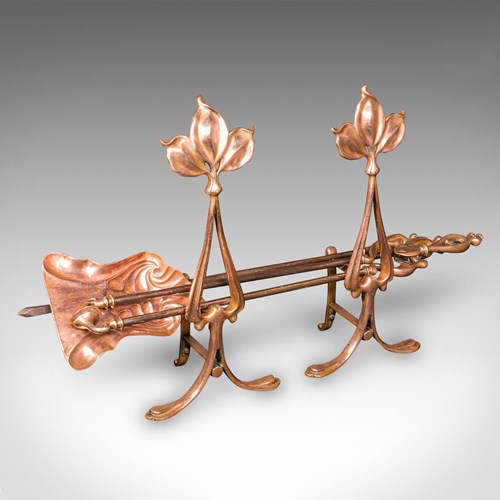Antique Fireside Companion Set, French Bronze Fire Tools, Art Nouveau, Victorian