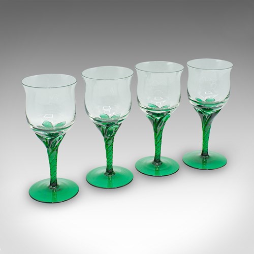 Set Of 4 Vintage Aperitif Glasses, French, Blown Glass, Spirit Flutes, Art Deco