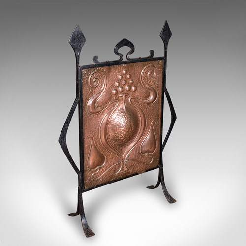 Antique Fire Screen, French, Copper, Fireplace Reflector, Art Nouveau, Victorian