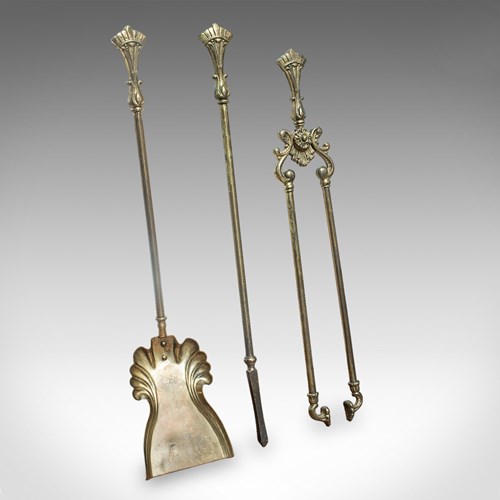 Set Of 3 Antique Fireside Tools, English, Tongs, Poker, Art Nouveau, Victorian