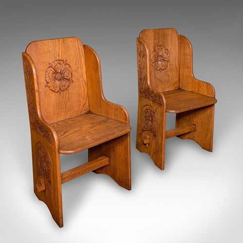 Pair Of Antique Hall Chairs, English, Oak, Country House Seat, Side, Edwardian