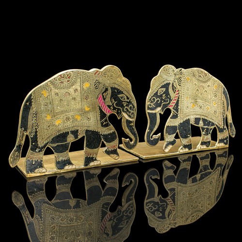 Pair Of Antique Elephant Bookends, Indian Brass Decorative Book Rests, Victorian