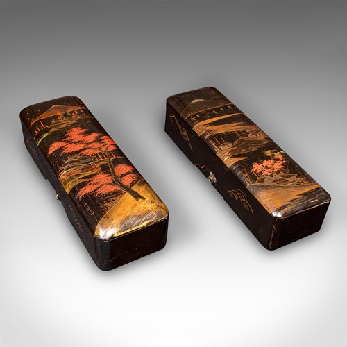 Pair Of Antique Glove Boxes, Japanese Lacquered Lidded Dishes, Victorian, C.1900