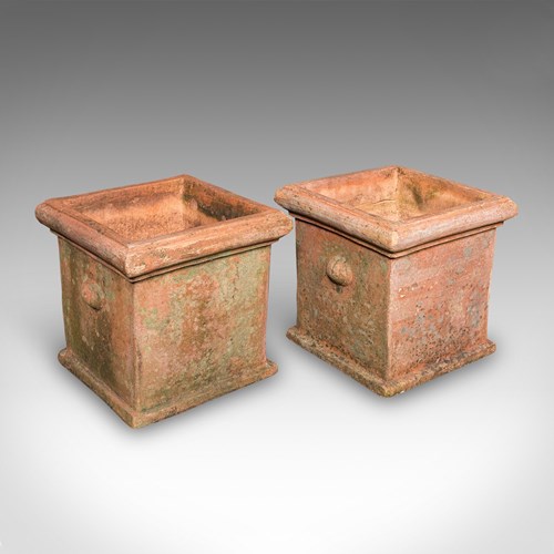 Pair Of Vintage Square Planters, English, Terracotta, Patio Topiary Jardinieres