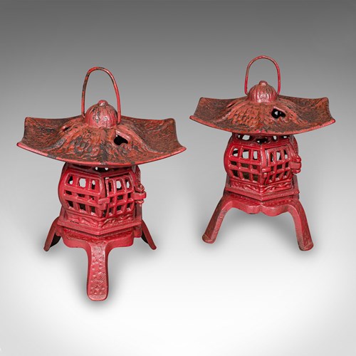 Pair Of Vintage Pagoda Lanterns, Japanese, Cast Iron Tea Light Holders, Art Deco