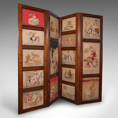 Large Antique 4-Panel Privacy Screen, English Room Divider, Needlepoint, Regency