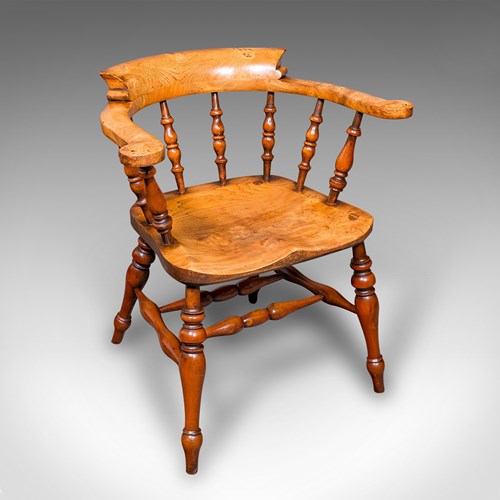 Vintage Smoker’S Bow Chair, English Ash, Captain’S Elbow Seat, Victorian Revival