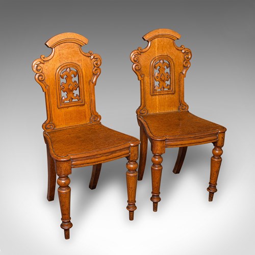 Pair Of Antique Hall Chairs, Scottish, Oak, Reception Seats, Regency, Circa 1830