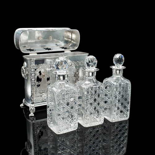 Antique Tantalus, English, Silver Plated, Three Decanter Set, Edwardian, C.1910
