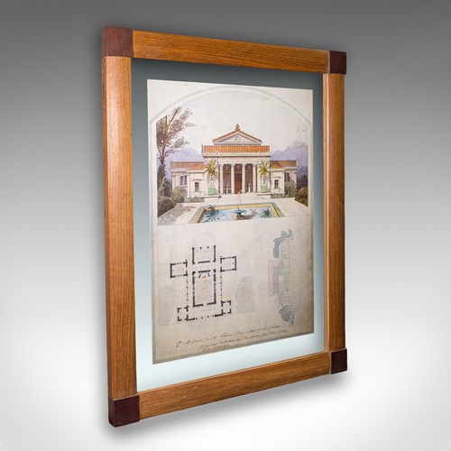 Large Vintage Architectural Villa Plan, French, Framed, After Edmond Paulin, Art