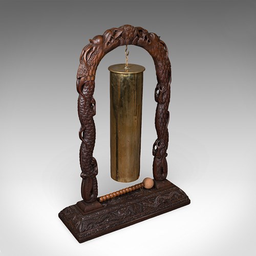 Large Vintage Alarm Gong, Oriental, Hardwood Chime Stand, Brass, Art Deco, 1930