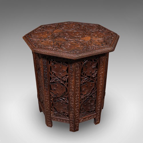 Antique Campaign Tea Table, Anglo-Indian, Carved, Lamp, Side, Victorian, C.1900
