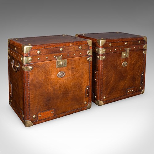 Pair Of Late Vintage Campaign Luggage Trunks, English Leather Bedside Nightstand