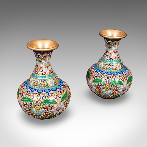 Pair Of Small Vintage Baluster Form Vases, Oriental, Cloisonne, Posy Urn, C.1970