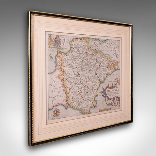 Antique Devon County Map, English, Framed 17Th Century Atlas Cartography, C.1650